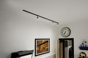 Preview: 1PHASEN-HOCHVOLT-SET, dreiflammig, schwarz, inkl. 2x1 m Hochvoltschiene, 3x Purileuchtköpfe, Längsverbinder, 2 Endkappen, 3x Dekoring, 3x GU10 LED