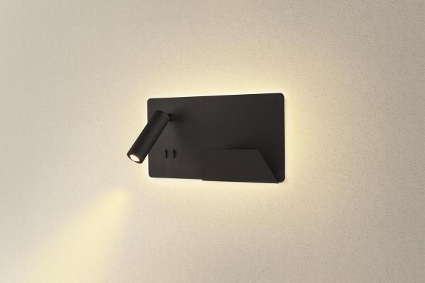 SOMNILA SPOT, Indoor LED Wandaufbauleuchte 3000 K schwarz Version rechts inkl. USB Anschluss
