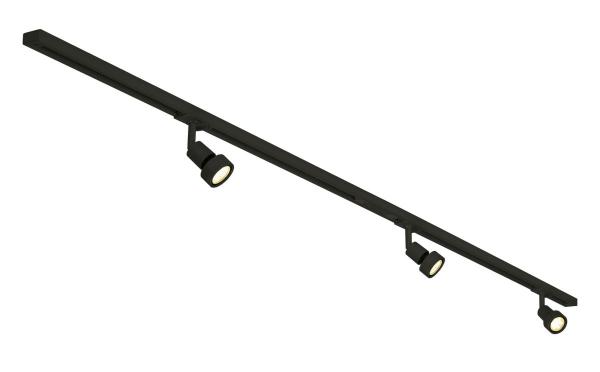 1PHASEN-HOCHVOLT-SET, dreiflammig, schwarz, inkl. 2x1 m Hochvoltschiene, 3x Purileuchtköpfe, Längsverbinder, 2 Endkappen, 3x Dekoring, 3x GU10 LED