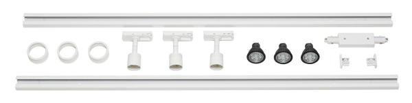 1PHASEN-HOCHVOLT-SET, dreiflammig, weiß, inkl. 2x1 m Hochvoltschiene, 3x Purileuchtköpfe, Längsverbinder, 2 Endkappen, 3x Dekoring, 3x GU10 LED