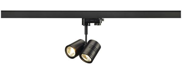 BIMA, Spot für Hochvolt-Stromschiene 3Phasen, zweiflammig, QPAR51, rund, schwarz matt, max. 100 W, inkl. 3Phasen-Adapter