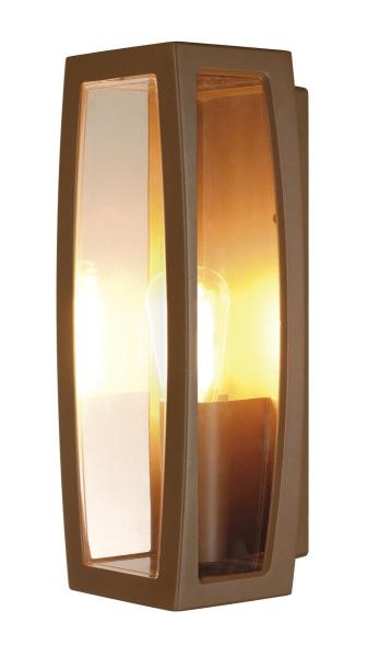 MERIDIAN BOX, Outdoor Wandleuchte, TC-(D,H,T,Q)SE, rost, max. 25 W, klarer Kunststoff
