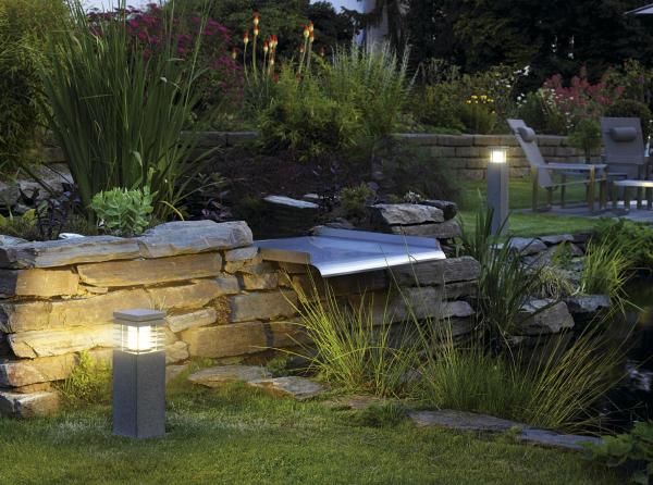 ARROCK GRANITE 40, Outdoor Standleuchte, TC-(D,H,T,Q)SE, IP44, eckig, salt & pepper, Granit, L/B/H 12/12/40 cm, max. 15 W,