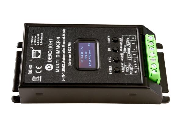 Niedervolt DMX Dimmer (CV, DC) - MULTI-LED-Dimmer 1-4 CH, DMX/AUTO/MAN, 12-48V, 20A